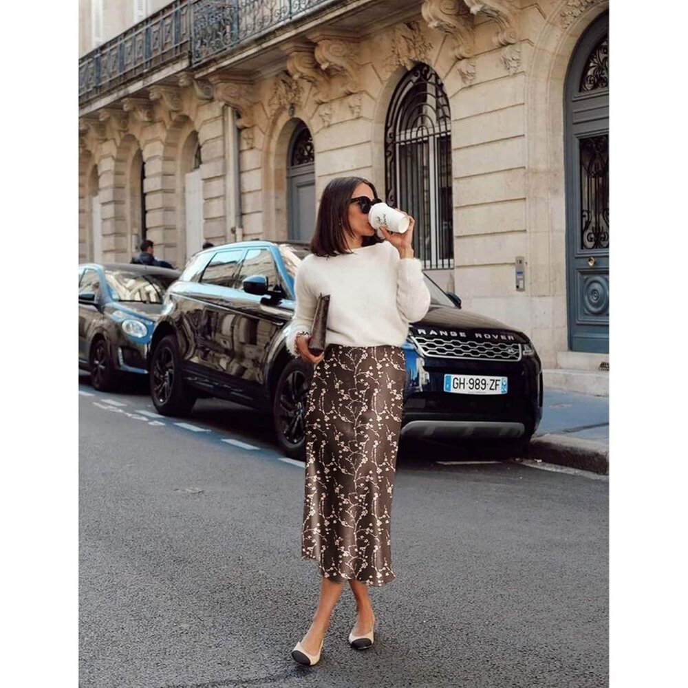 Womens Brown & Tan Satin Fabric Elegant Breathable High Waist Pull On Midi Skirt - Picture 4 of 5